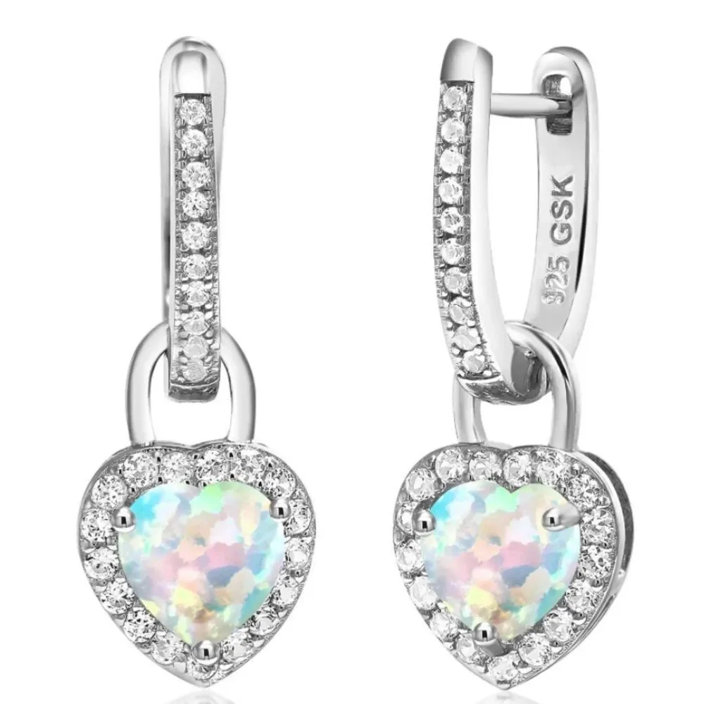 925 Sterling Silver 2.00 Cttw White Opal and White Sapphire Heart Drop Earrings